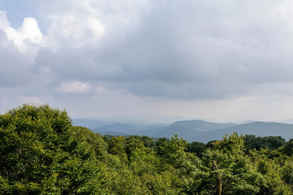 A panoramic view of a mountain range backed by dense foliage and a cloudy sky, evoking the expansive natural beauty surrounding Sugar Haven. The tranquil vibe invites thoughts of outdoor adventure and mountain exploration.